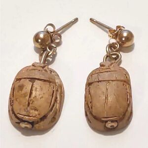 Vintage 14K Gold Steatite Scarab Earrings